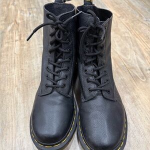Dr. Martens 1460 Pascal Virgina Black Leather Combat Boots with Yellow Stitching
